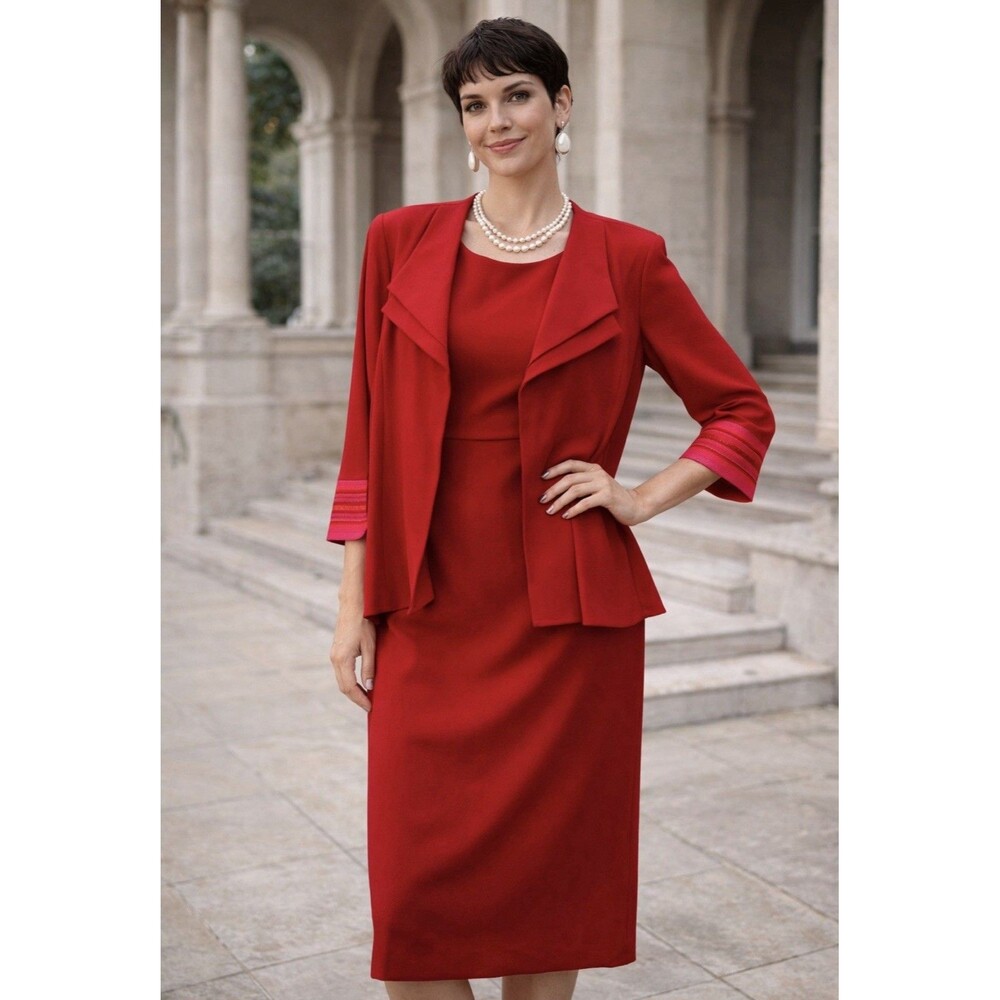 Dana Kay Red  Jacket Mid  Dress Set Women Size 12 Workwear Old Money 90s